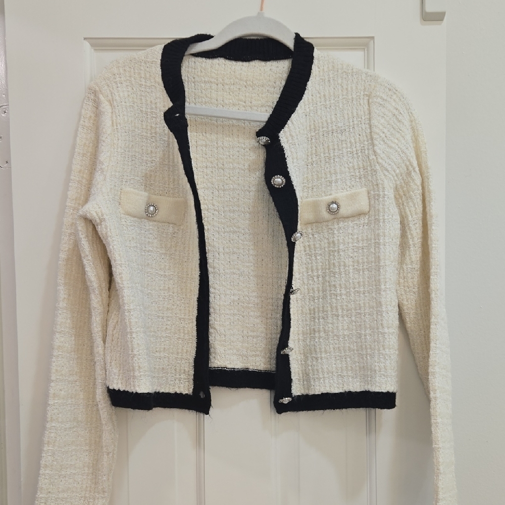 Mango Black and Cream Tweed Cardigan